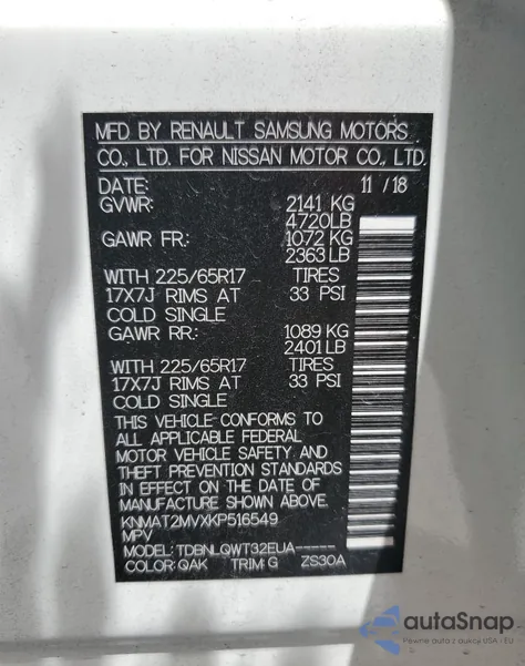 2019 Nissan Rogue S z USA, uszkodzony, nr VIN KNMAT2MVXKP516549